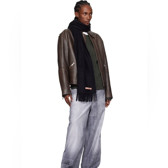 NWOT ACNE STUDIOS Black Fringe Wool Narrow Scarf